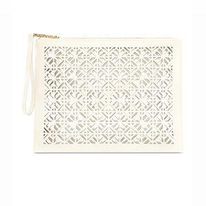 Tory Burch White & Gold Clear Cutout Beach Bag Wristlet Clutch Makeup Bag